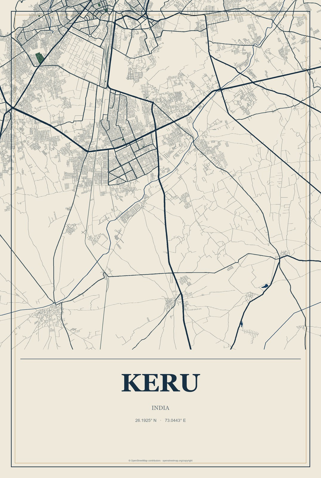 Keru, India City Map Aluminum Sign in Coastal Cutout style