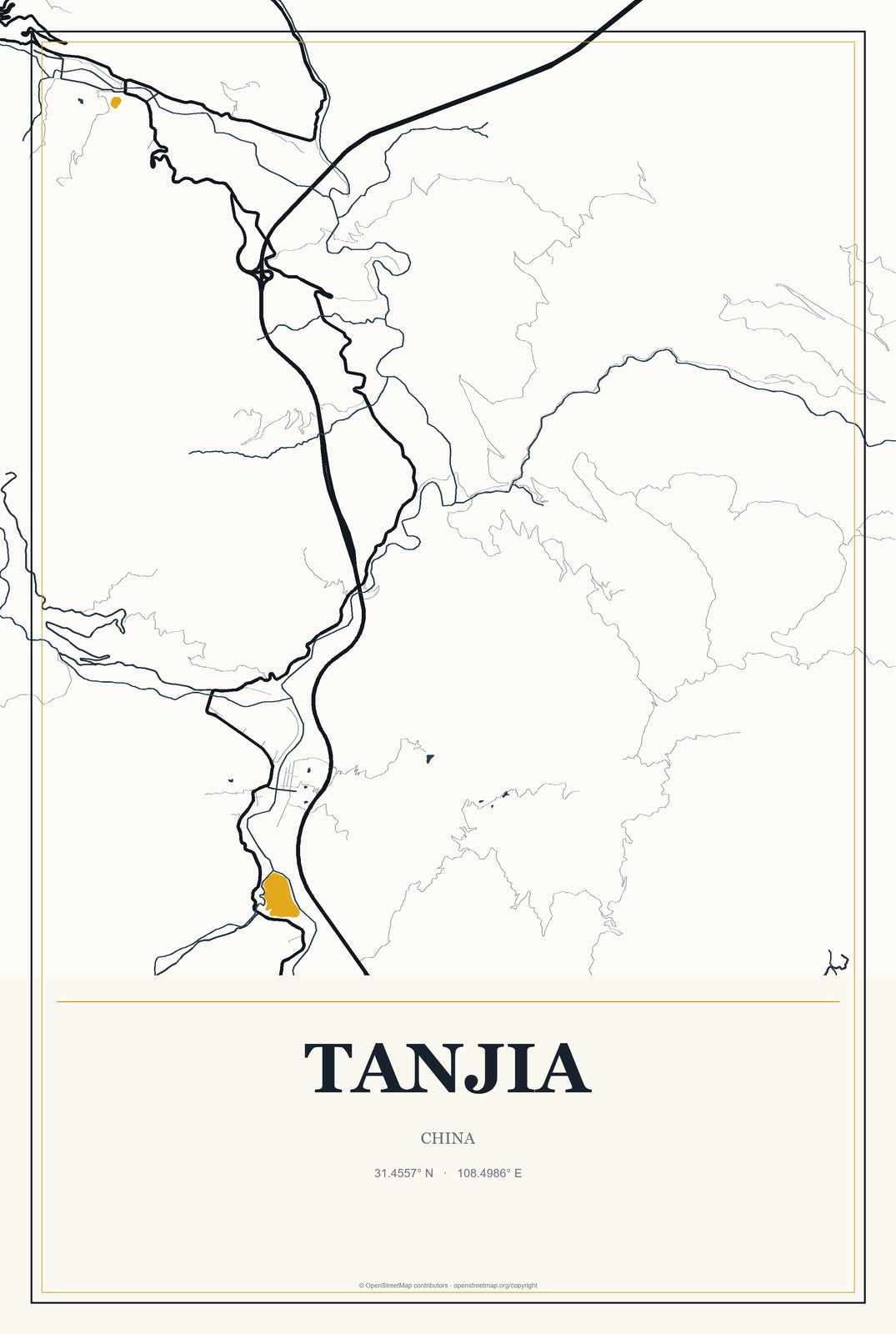Tanjia, China City Map Aluminum Sign in Citrine Modern style