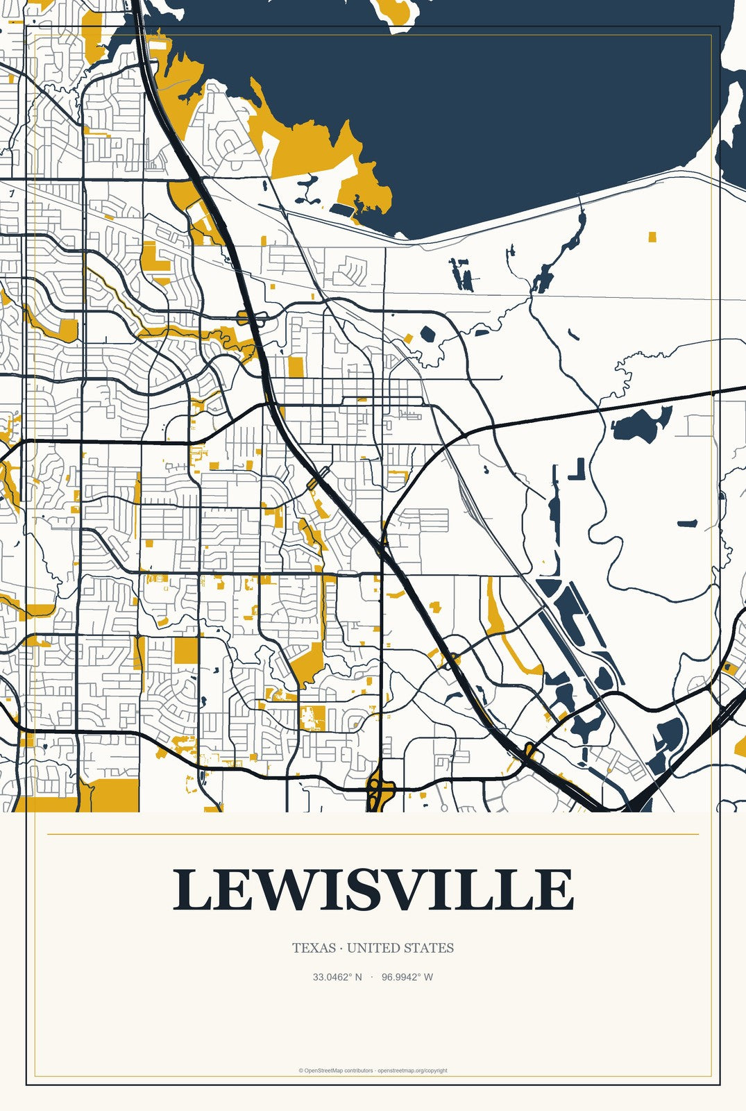 Lewisville, Texas City Map Aluminum Sign in Citrine Modern style