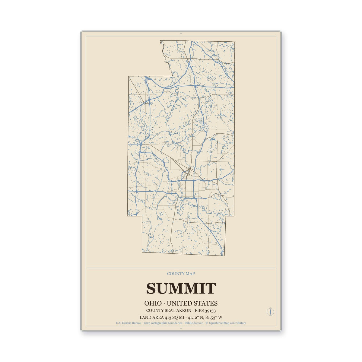 Summit County, Ohio Map Aluminum Sign in Heritage Nautical style