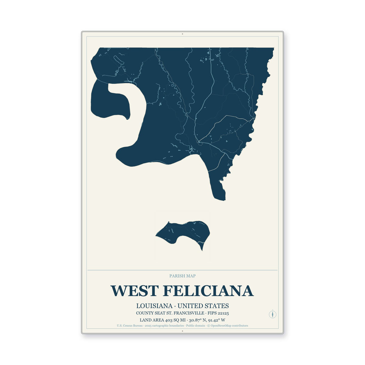 West Feliciana Parish, Louisiana Map Aluminum Sign in Coastal Cutout style