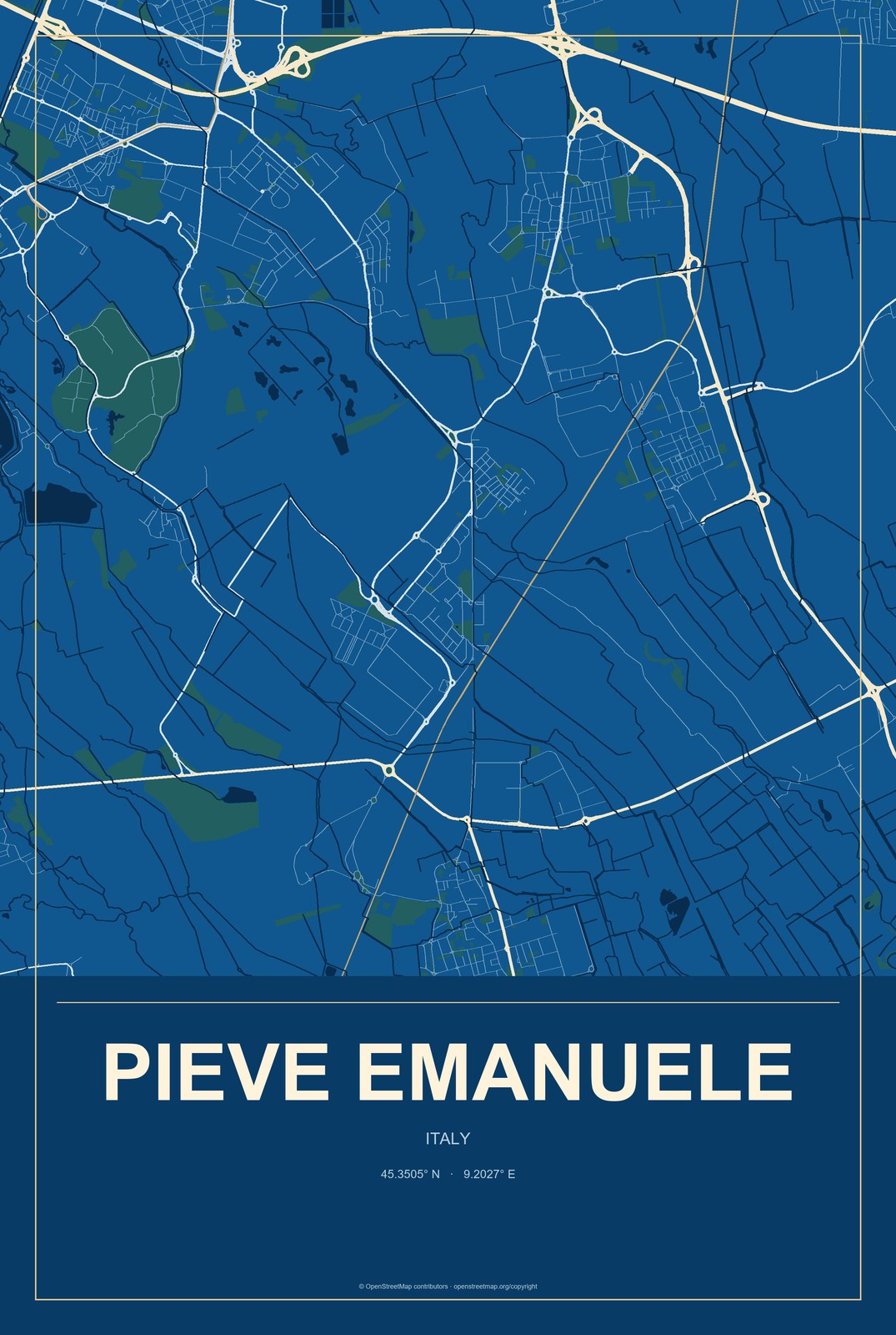 Pieve Emanuele, Italy City Map Aluminum Sign in Harbor Cobalt style