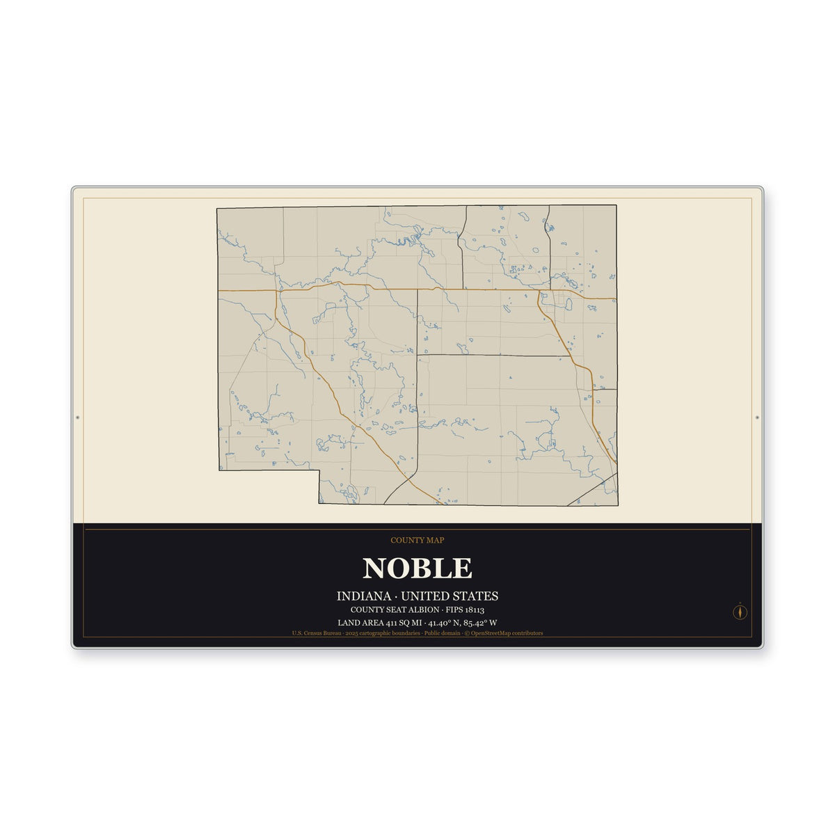 Noble County, Indiana Map Aluminum Sign in Museum Plaque style