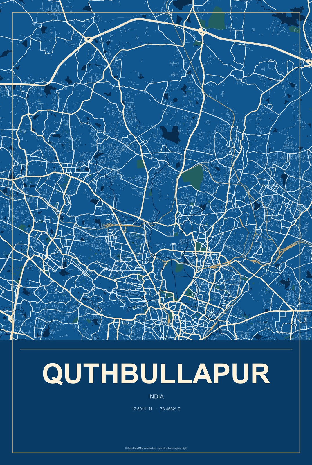 Quthbullapur, India City Map Aluminum Sign in Harbor Cobalt style