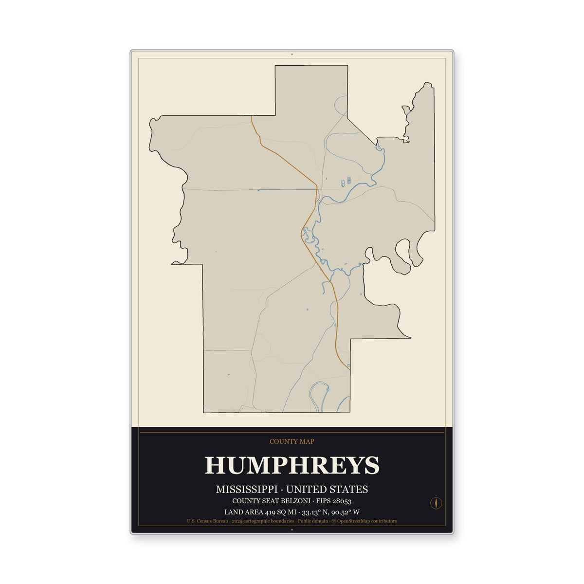Humphreys County, Mississippi Map Aluminum Sign in Museum Plaque style