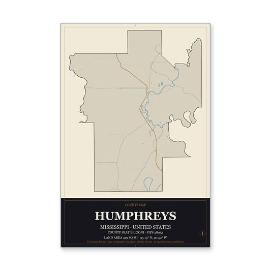 Humphreys County, Mississippi Map Aluminum Sign in Museum Plaque style