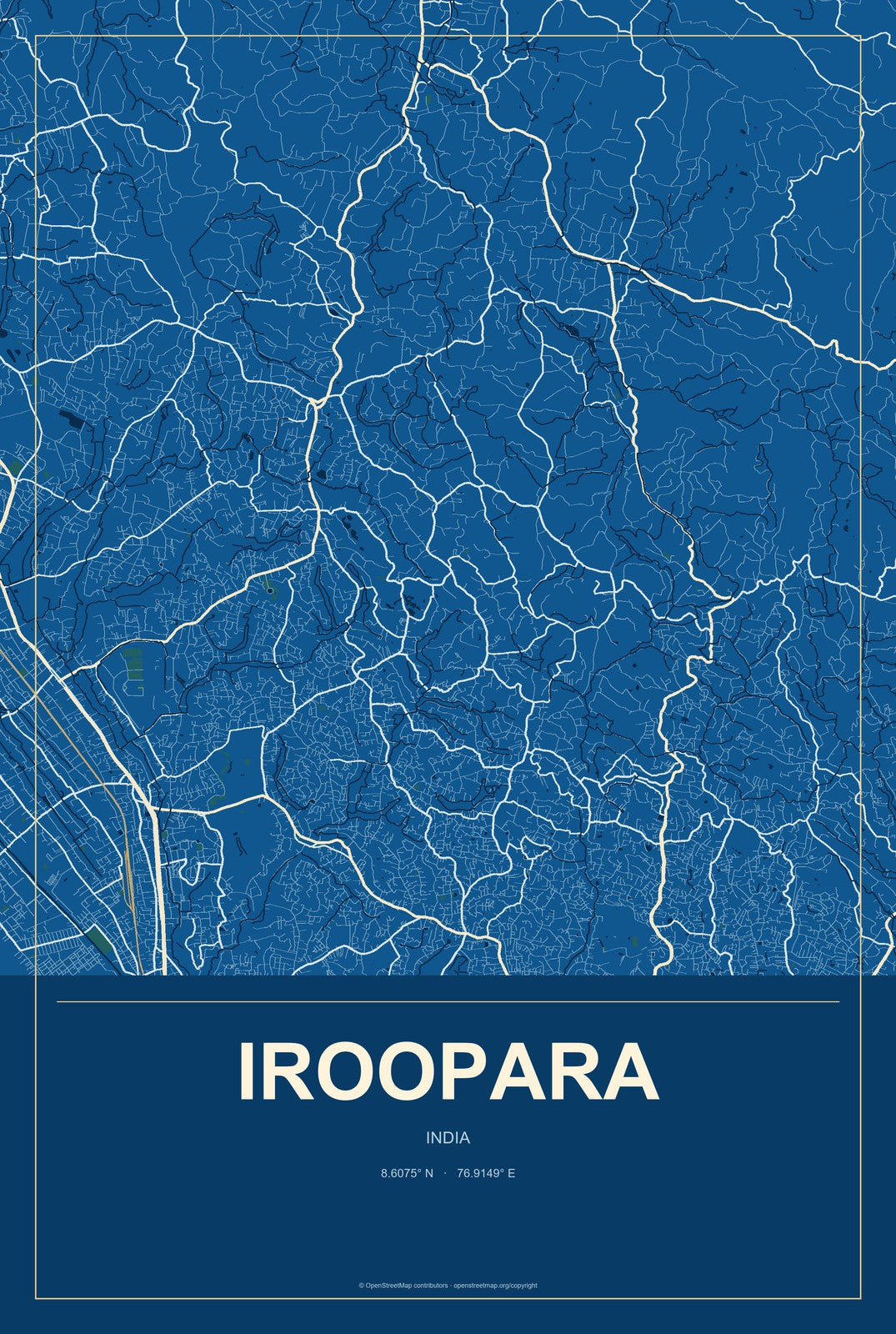 Iroopara, India City Map Aluminum Sign in Harbor Cobalt style