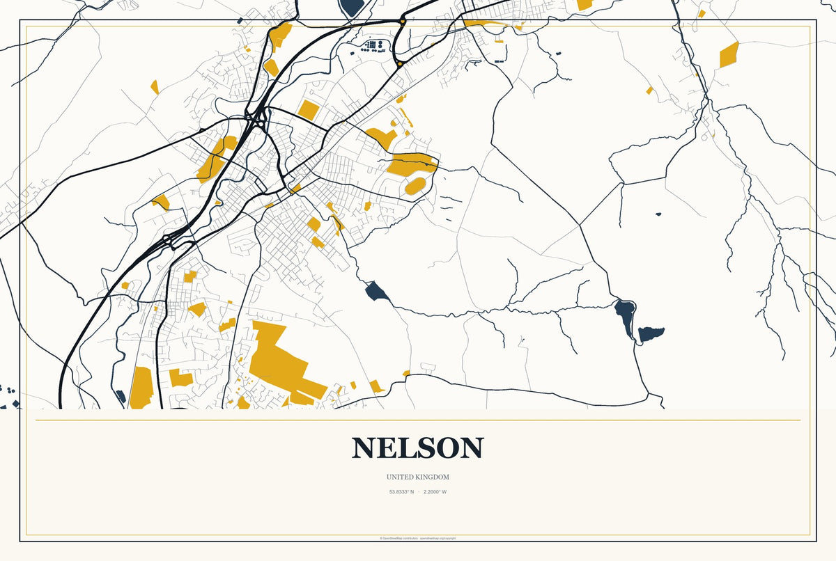 Nelson, England, United Kingdom City Map Aluminum Sign in Citrine Modern style