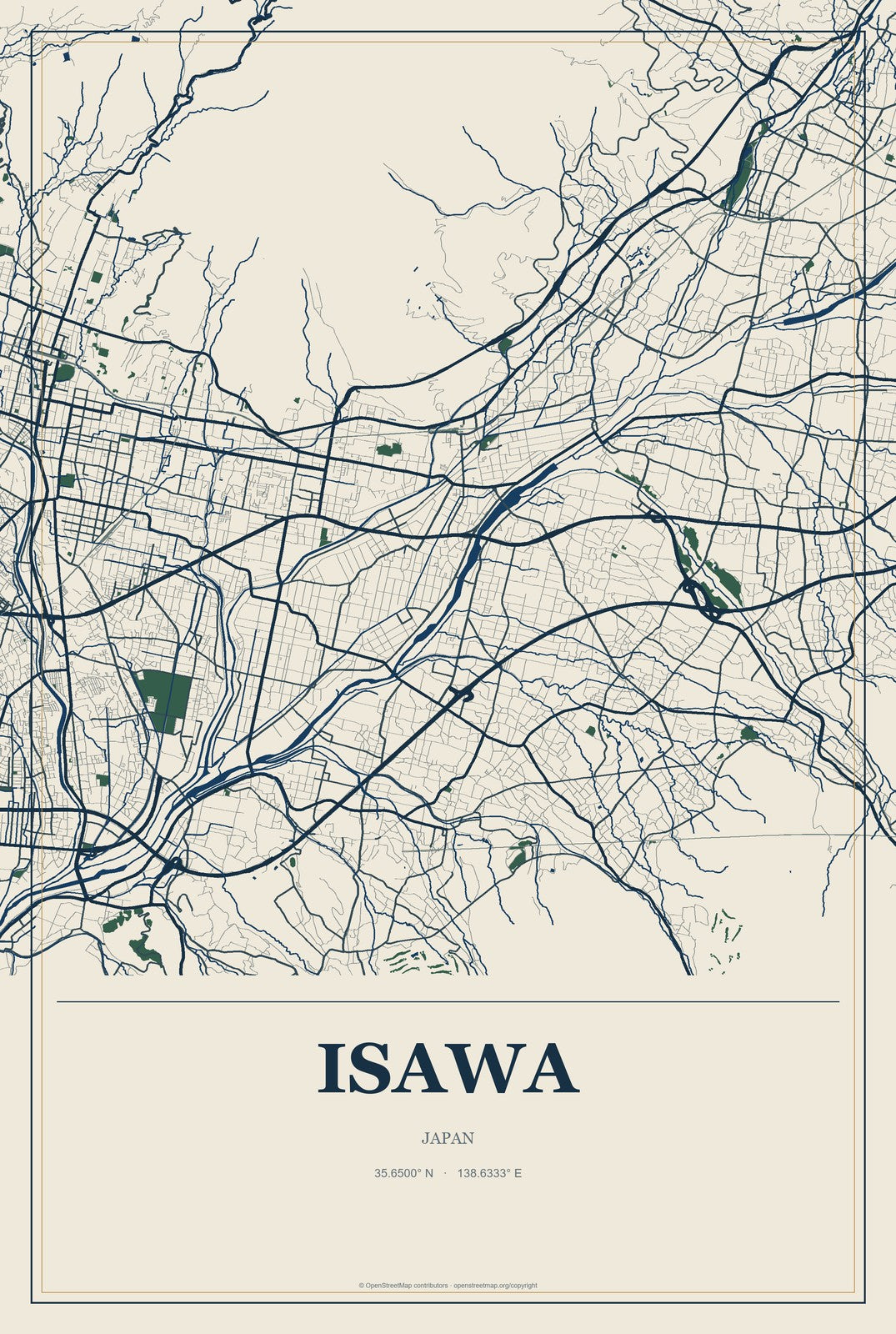 Isawa, Japan City Map Aluminum Sign in Coastal Cutout style