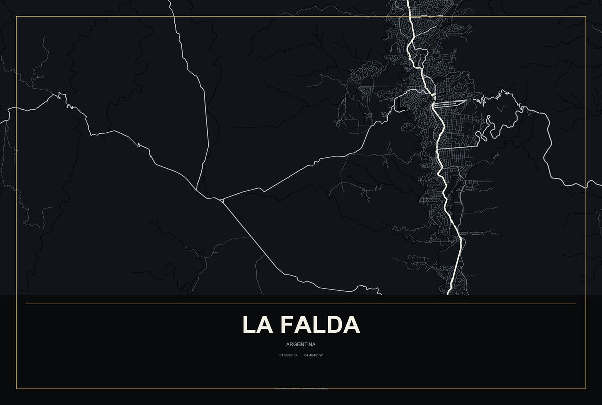 La Falda, Argentina City Map Aluminum Sign in Metropolitan Noir style