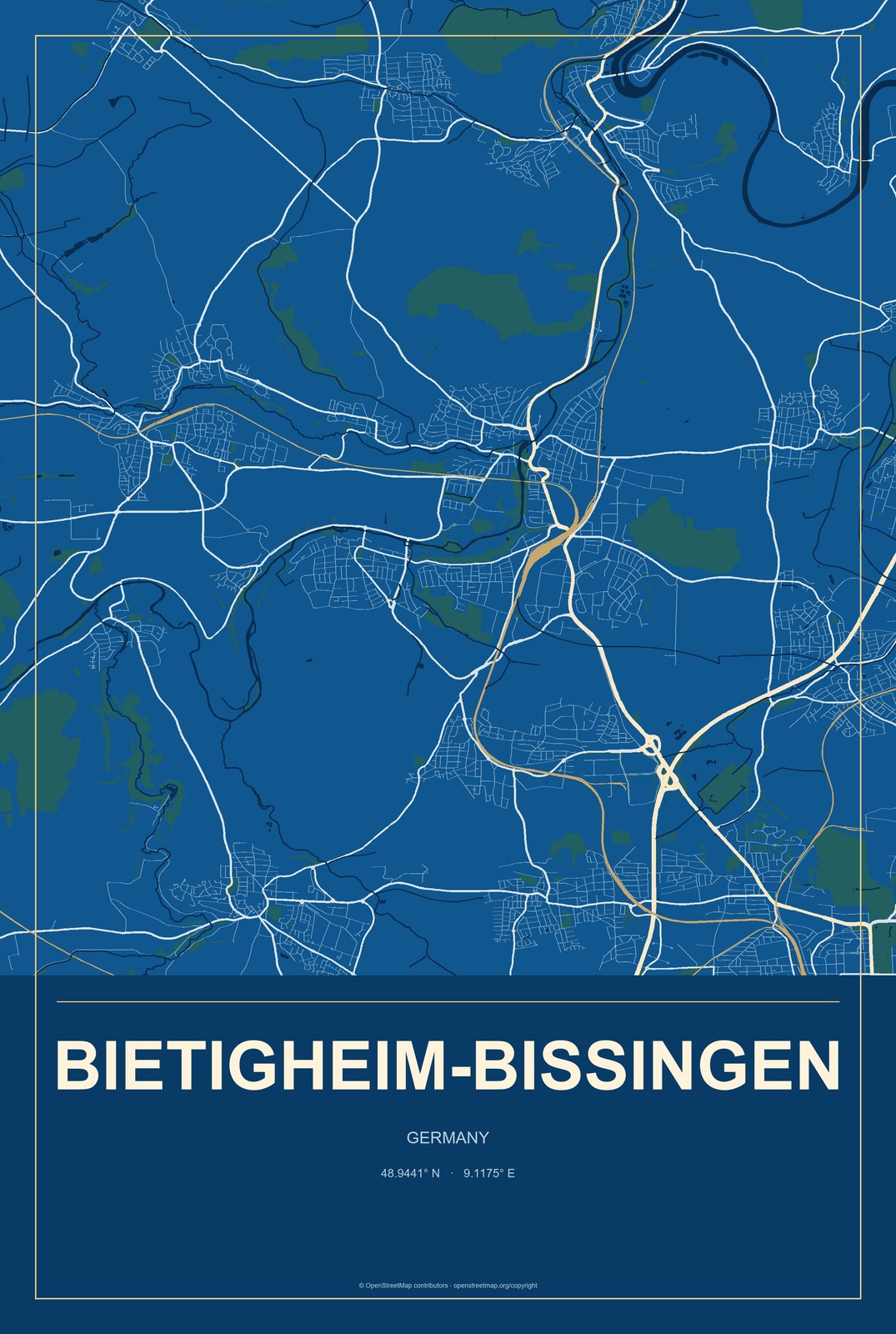 Bietigheim-Bissingen, Germany City Map Aluminum Sign in Harbor Cobalt style