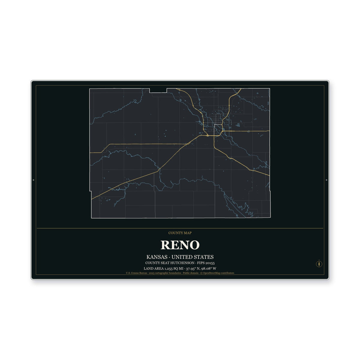 Reno County, Kansas Map Aluminum Sign in Metropolitan Noir style