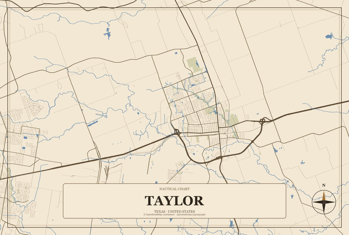 Taylor, Texas City Map Aluminum Sign in Heritage Nautical style