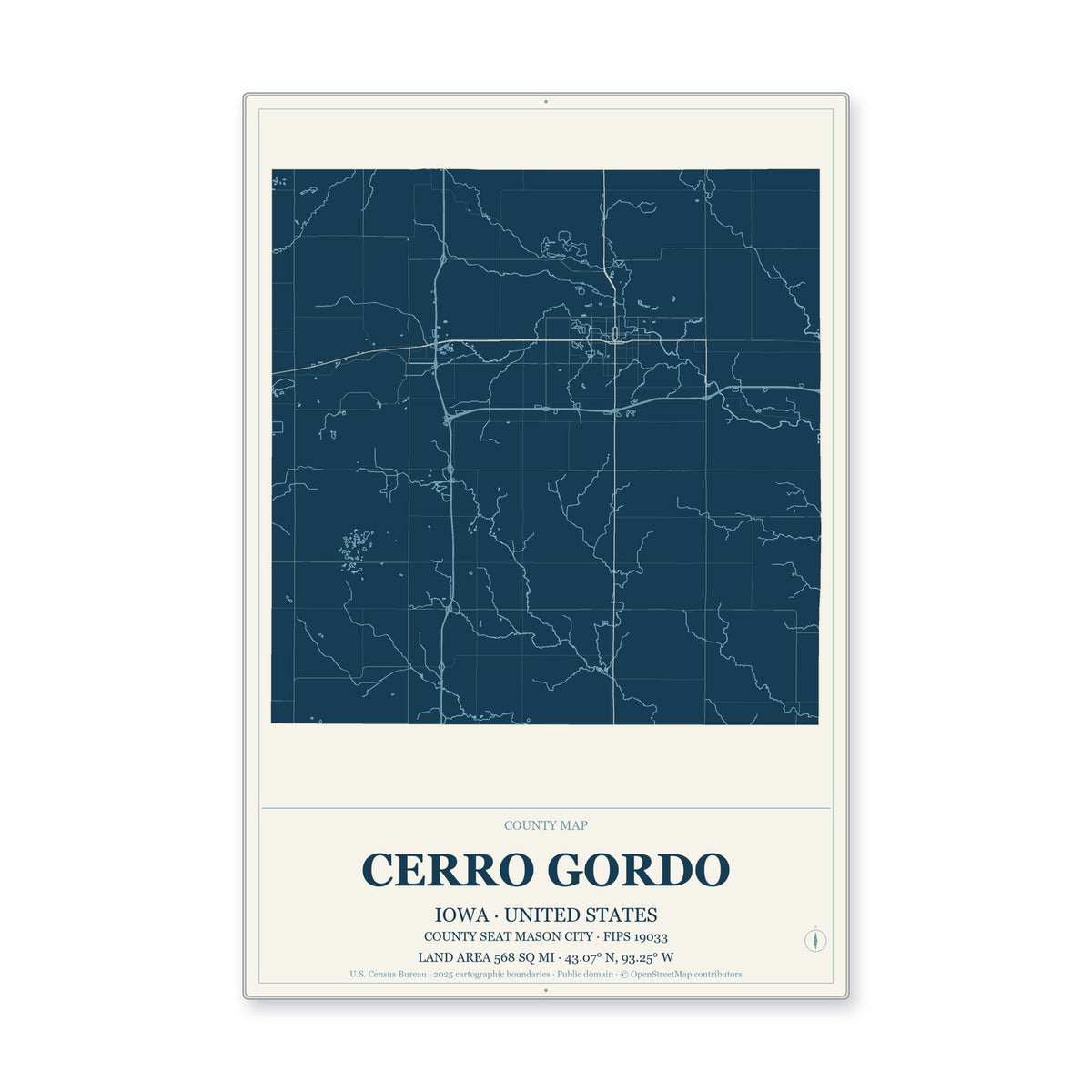 Cerro Gordo County, Iowa Map Aluminum Sign in Coastal Cutout style