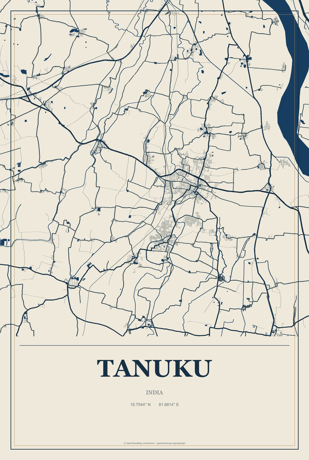 Tanuku, India City Map Aluminum Sign in Coastal Cutout style