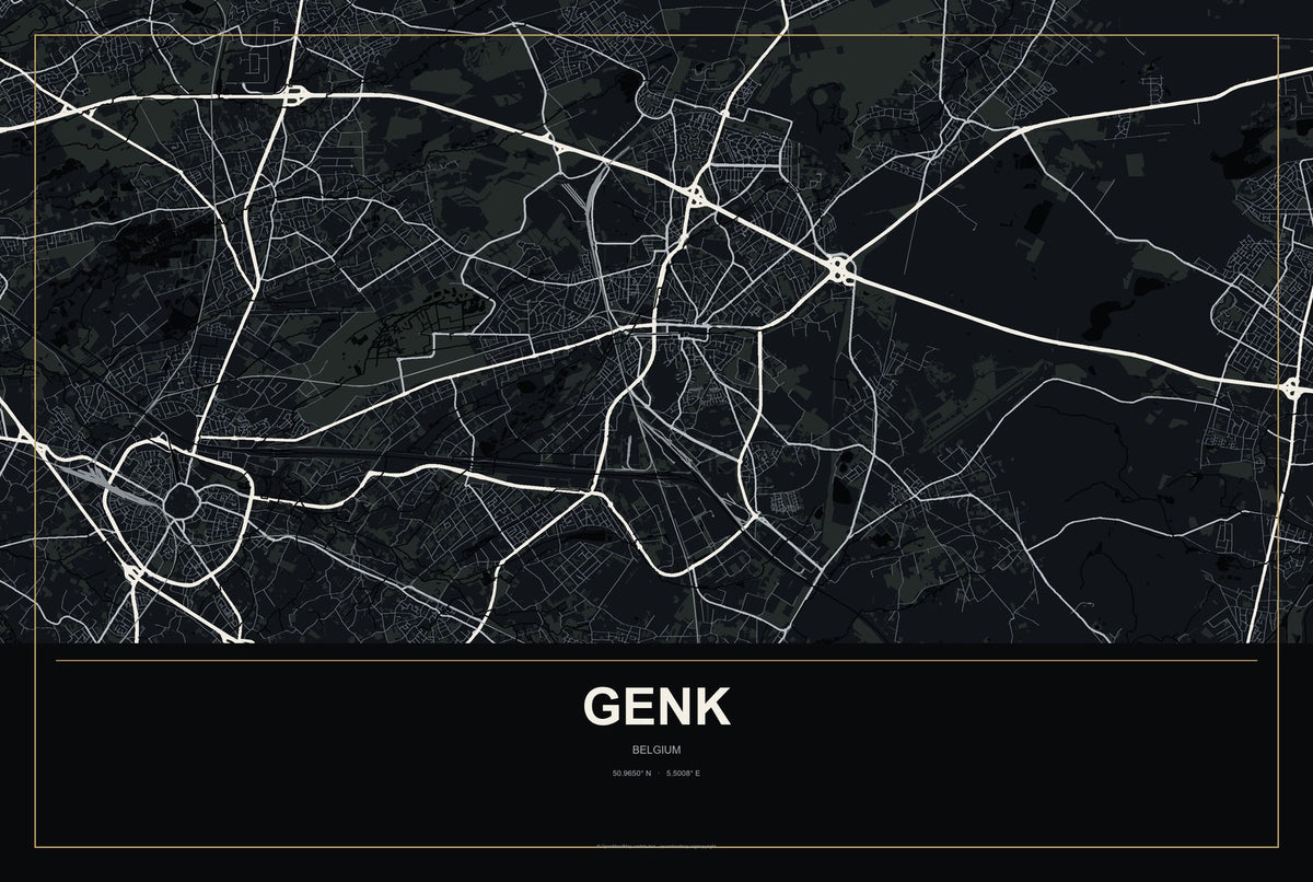 Genk, Belgium City Map Aluminum Sign in Metropolitan Noir style