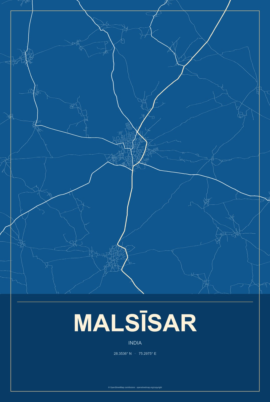 Malsīsar, India City Map Aluminum Sign in Harbor Cobalt style