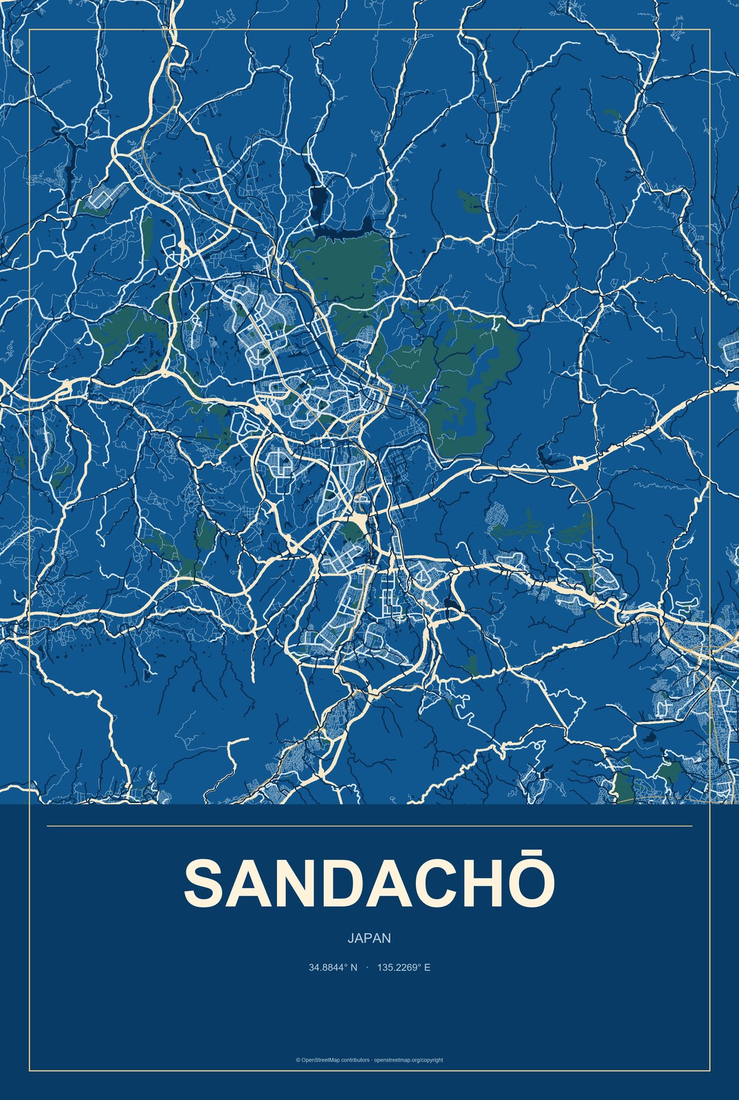 Sandachō, Japan City Map Aluminum Sign in Harbor Cobalt style