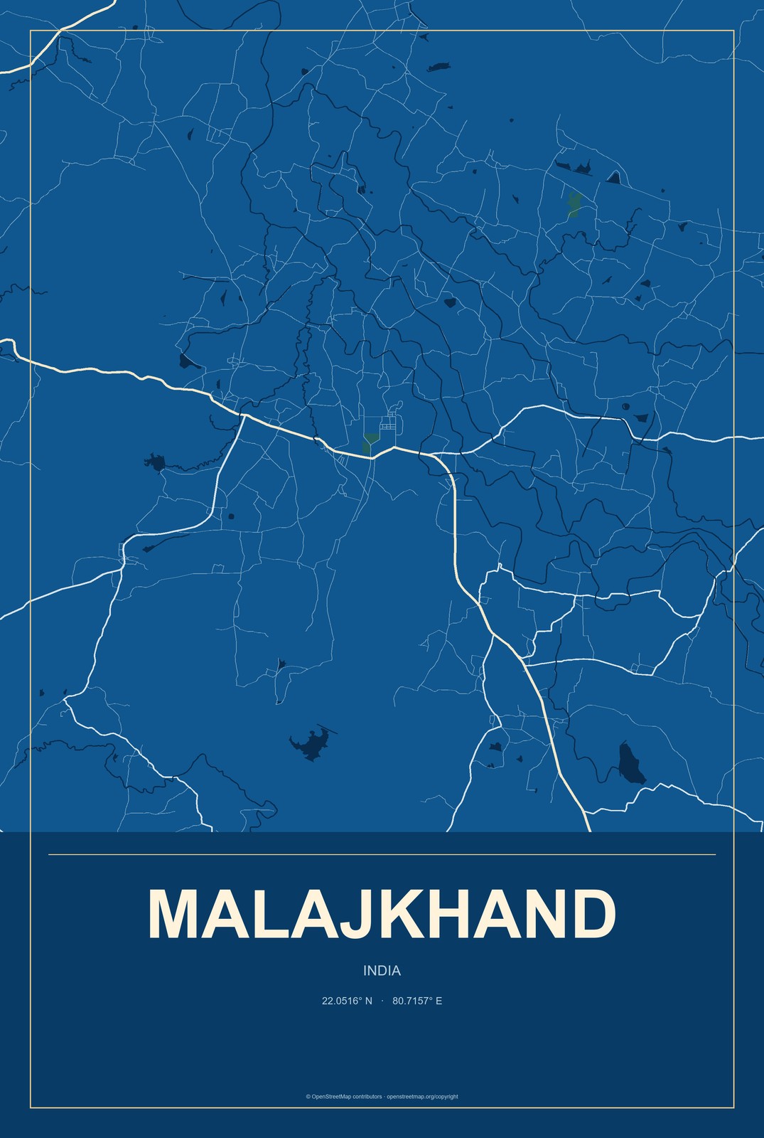 Malajkhand, India City Map Aluminum Sign in Harbor Cobalt style