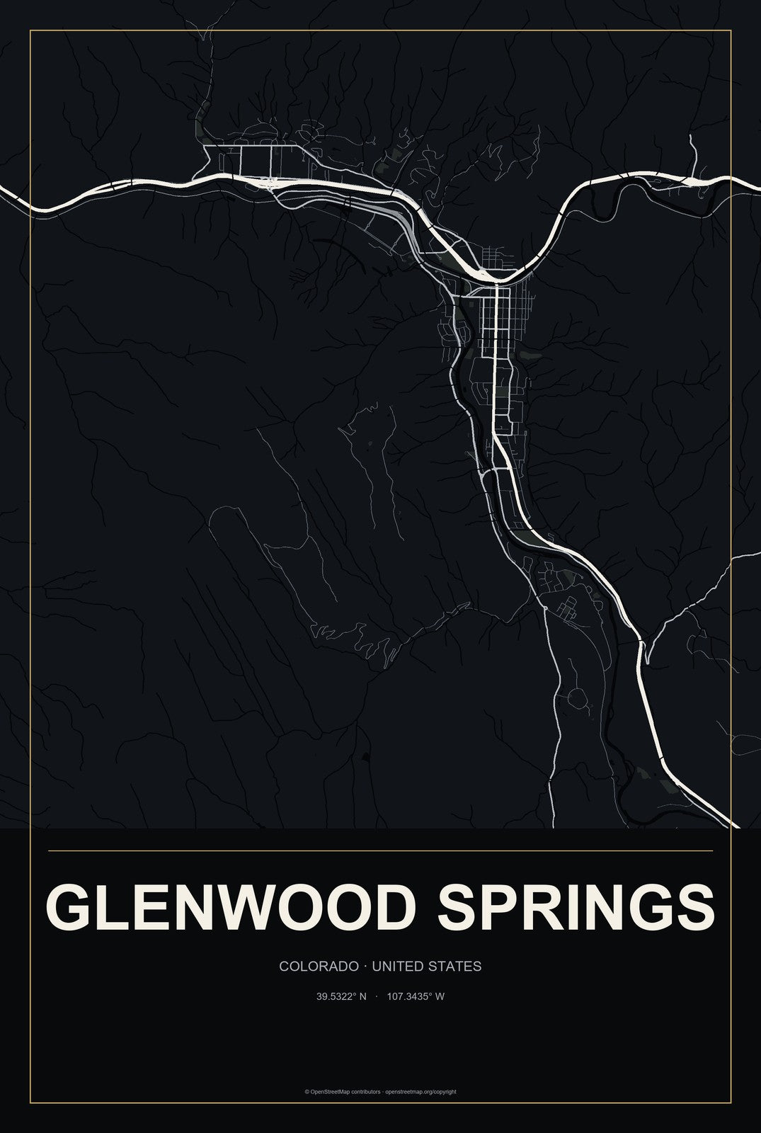 Glenwood Springs, Colorado City Map Aluminum Sign in Metropolitan Noir style