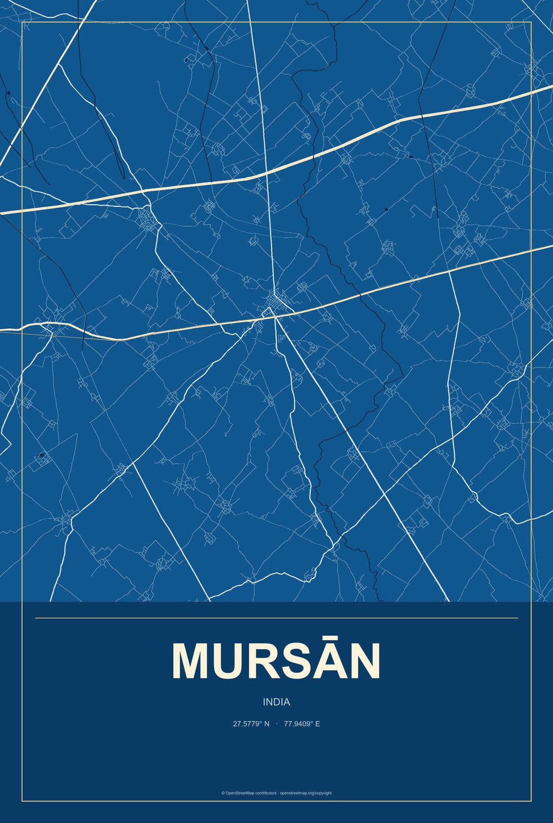 Mursān, India City Map Aluminum Sign in Harbor Cobalt style