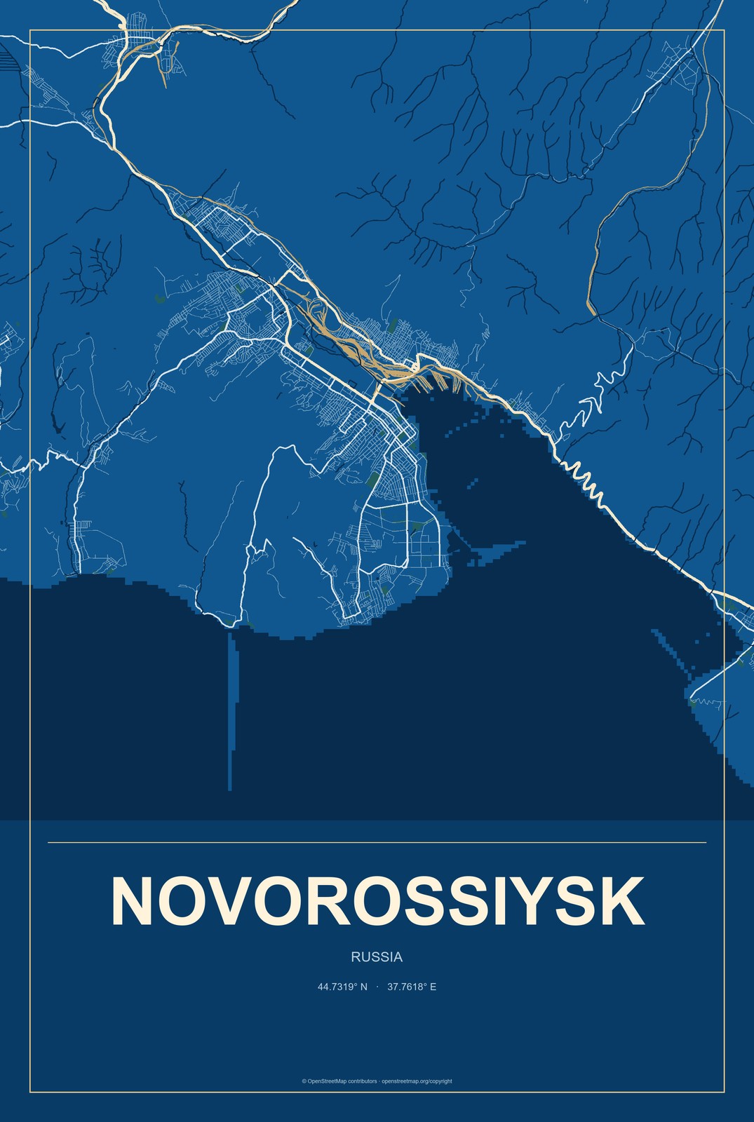 Novorossiysk, Russia City Map Aluminum Sign in Harbor Cobalt style