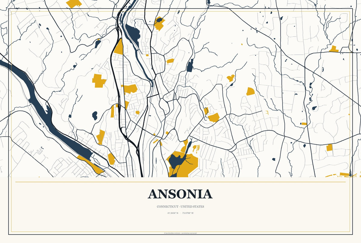 Ansonia, Connecticut City Map Aluminum Sign in Citrine Modern style
