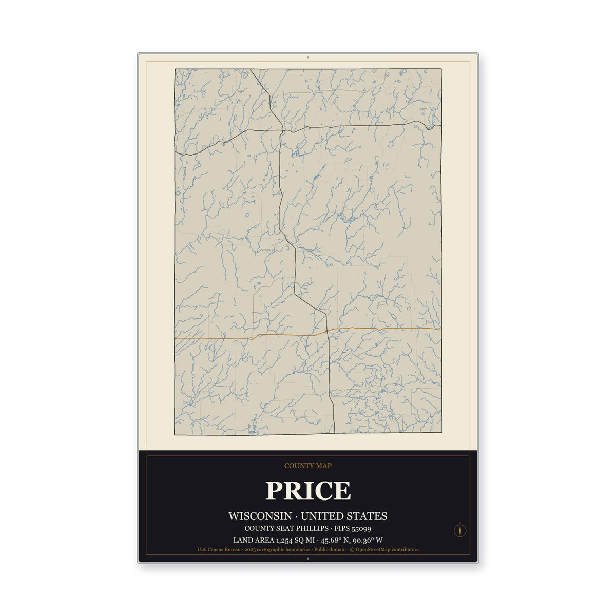 Price County, Wisconsin Map Aluminum Sign in Museum Plaque style