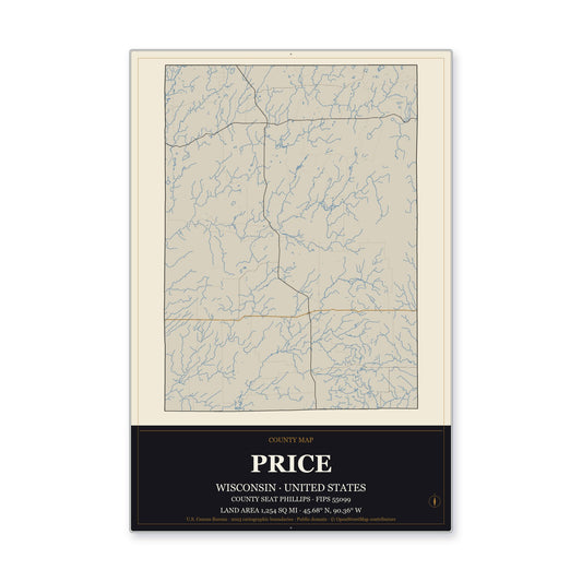 Price County, Wisconsin Map Aluminum Sign in Museum Plaque style