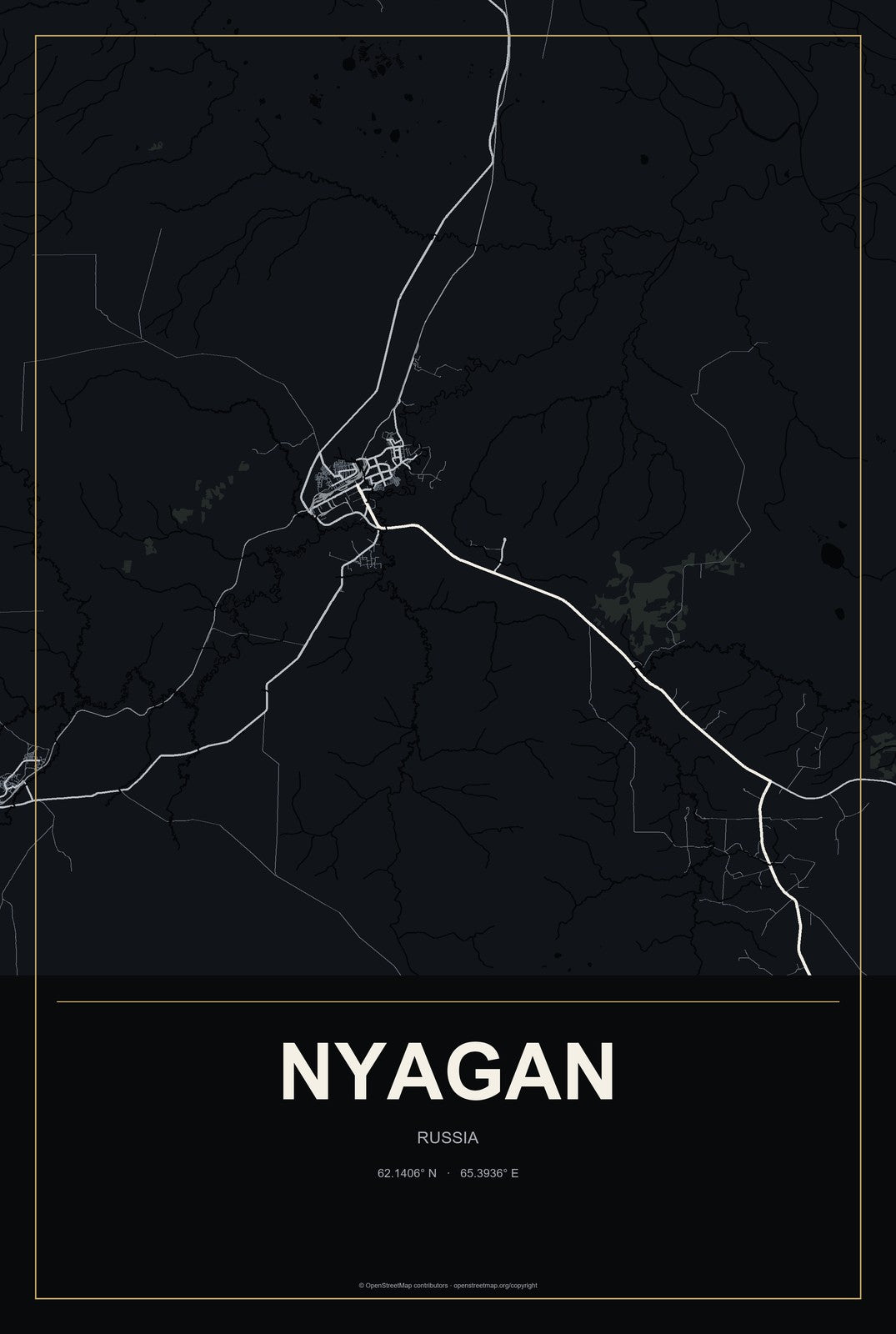 Nyagan, Russia City Map Aluminum Sign in Metropolitan Noir style
