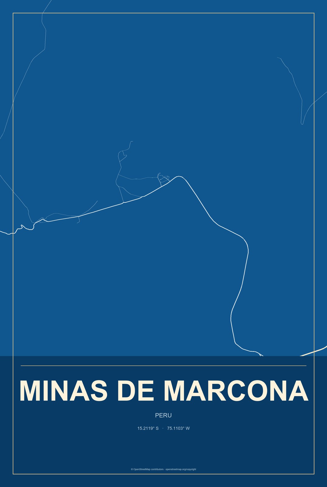 Minas de Marcona, Peru City Map Aluminum Sign in Harbor Cobalt style