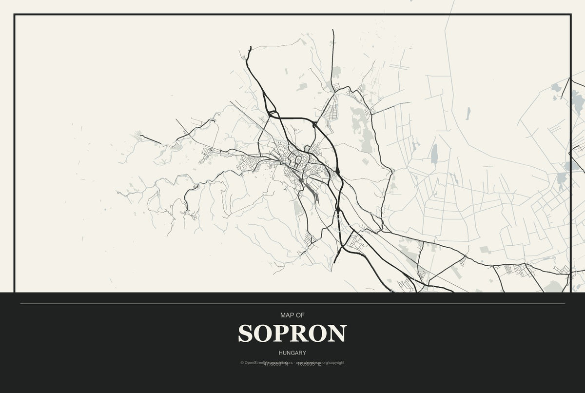 Sopron, Hungary City Map Aluminum Sign in Museum Plaque style
