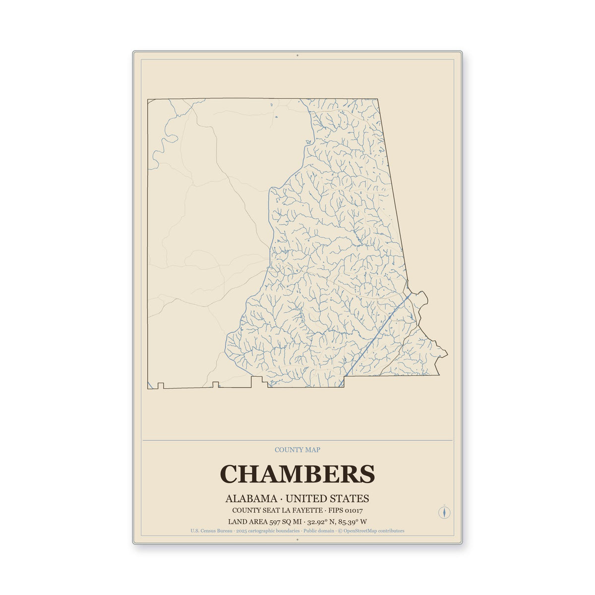 Chambers County, Alabama Map Aluminum Sign in Heritage Nautical style