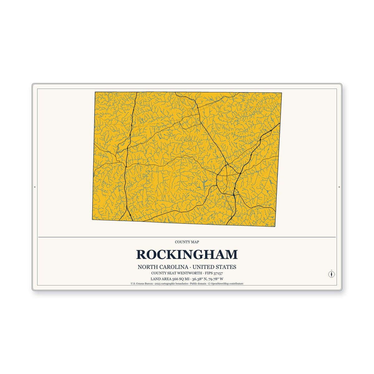 Rockingham County, North Carolina Map Aluminum Sign in Citrine Modern style