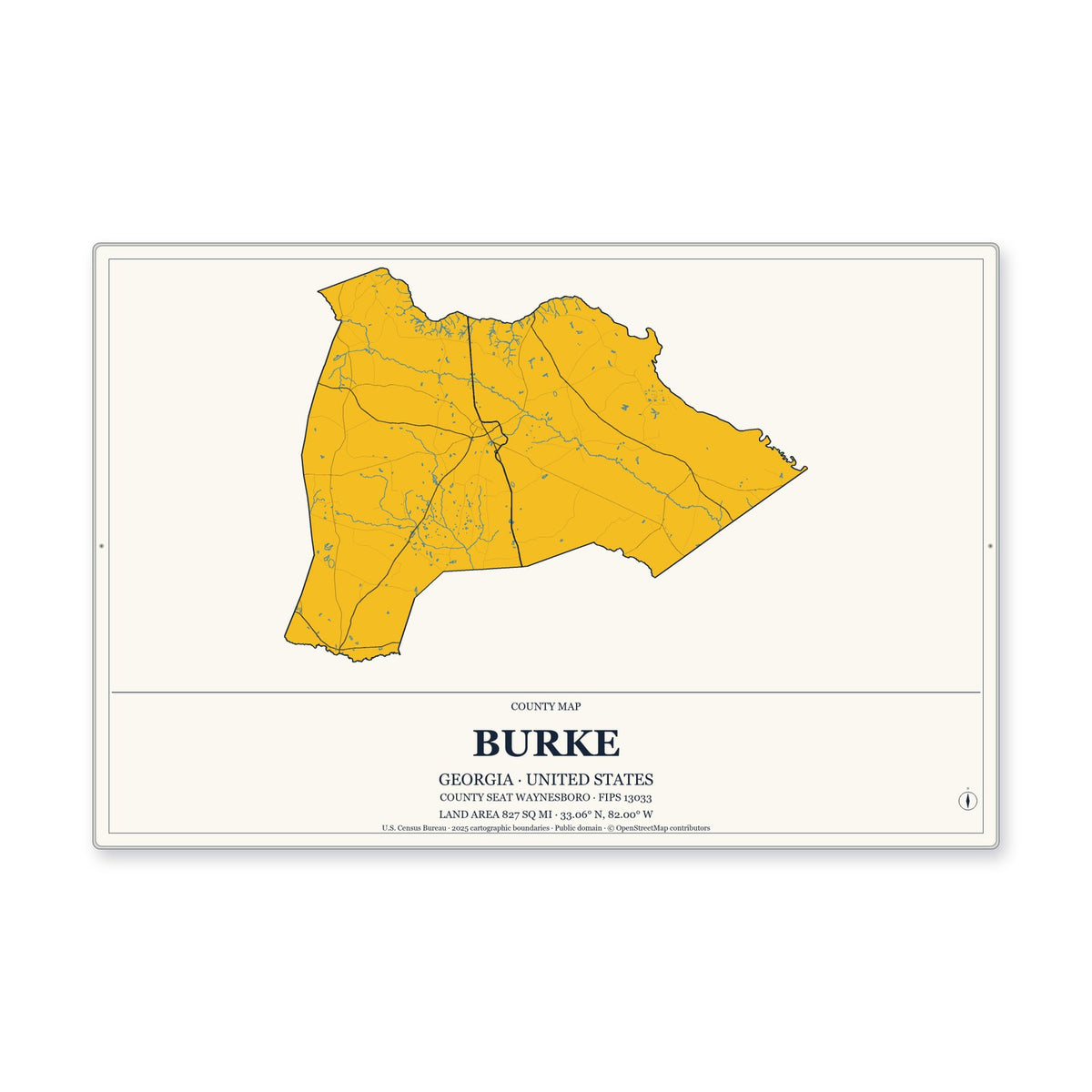 Burke County, Georgia Map Aluminum Sign in Citrine Modern style