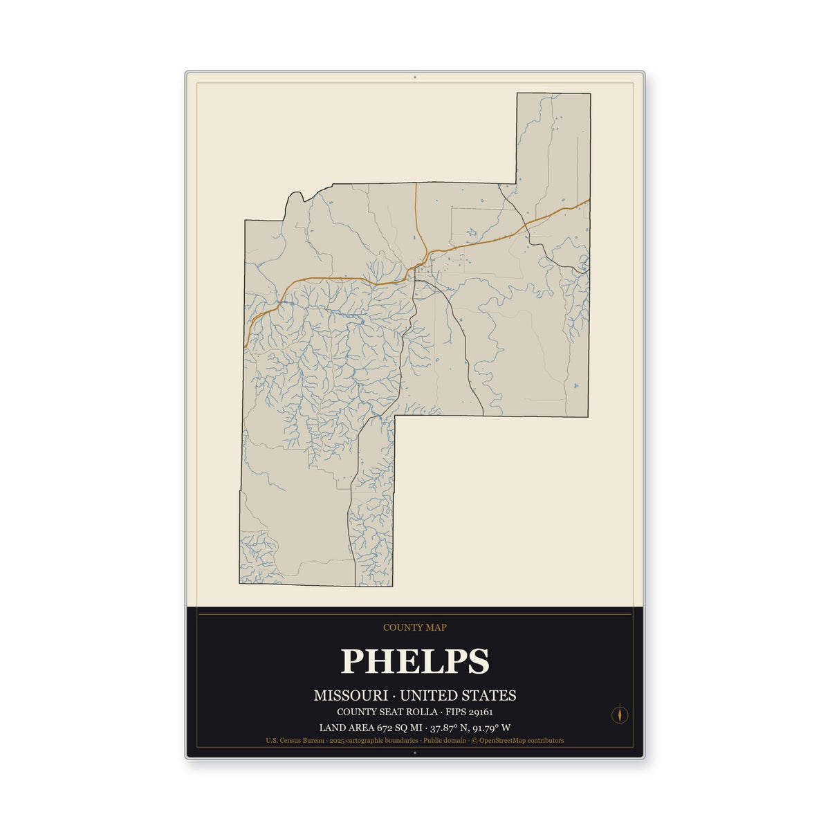 Phelps County, Missouri Map Aluminum Sign in Museum Plaque style