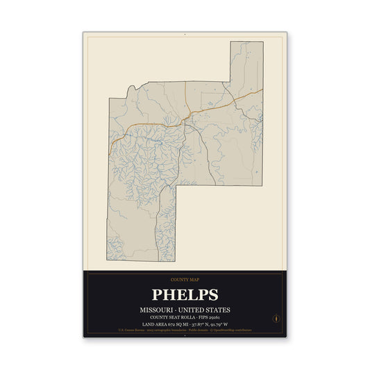 Phelps County, Missouri Map Aluminum Sign in Museum Plaque style