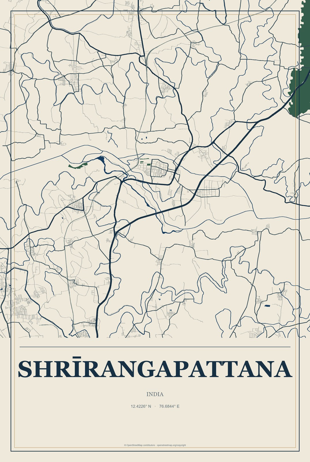 Shrīrangapattana, India City Map Aluminum Sign in Coastal Cutout style