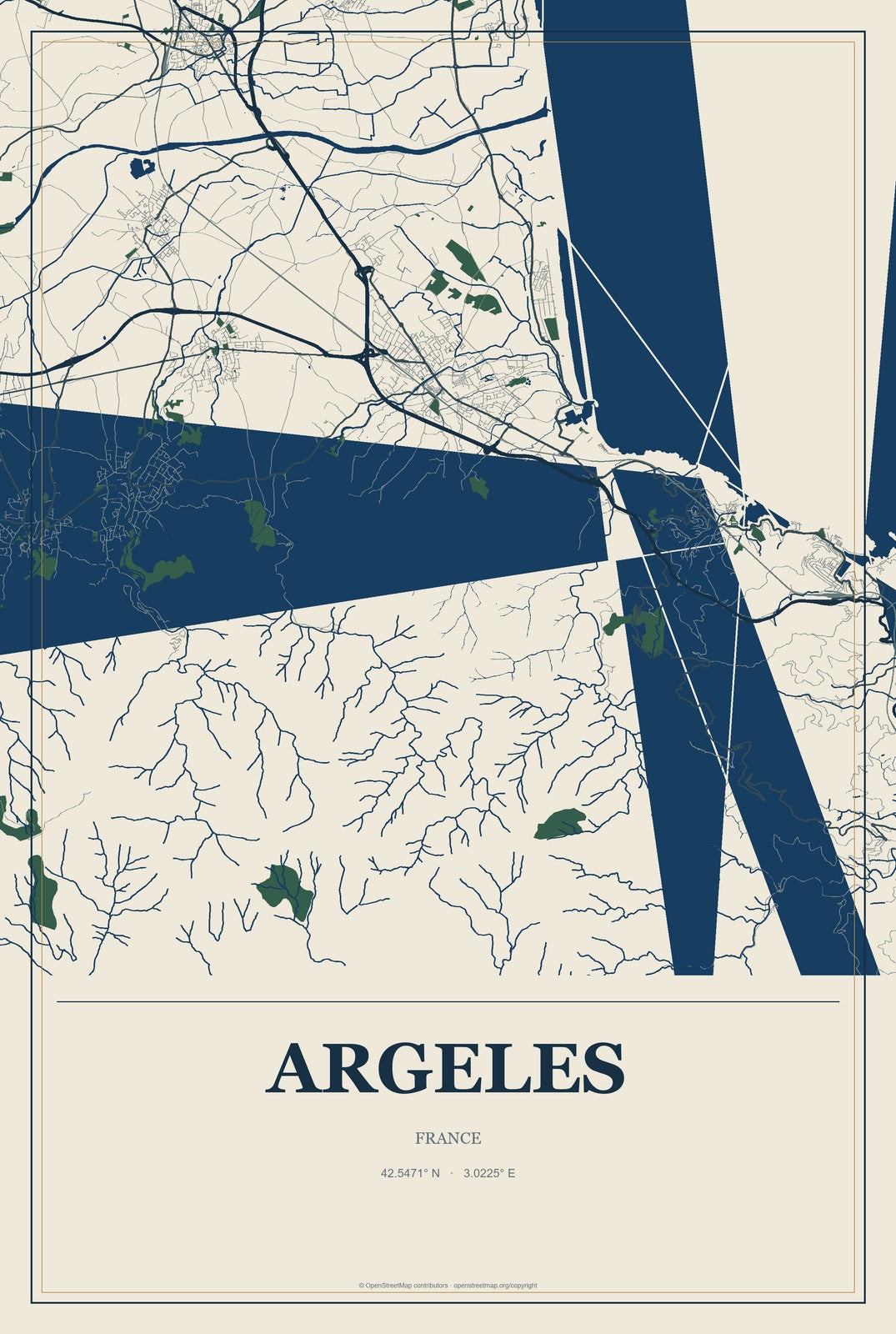 Argeles, France City Map Aluminum Sign in Coastal Cutout style
