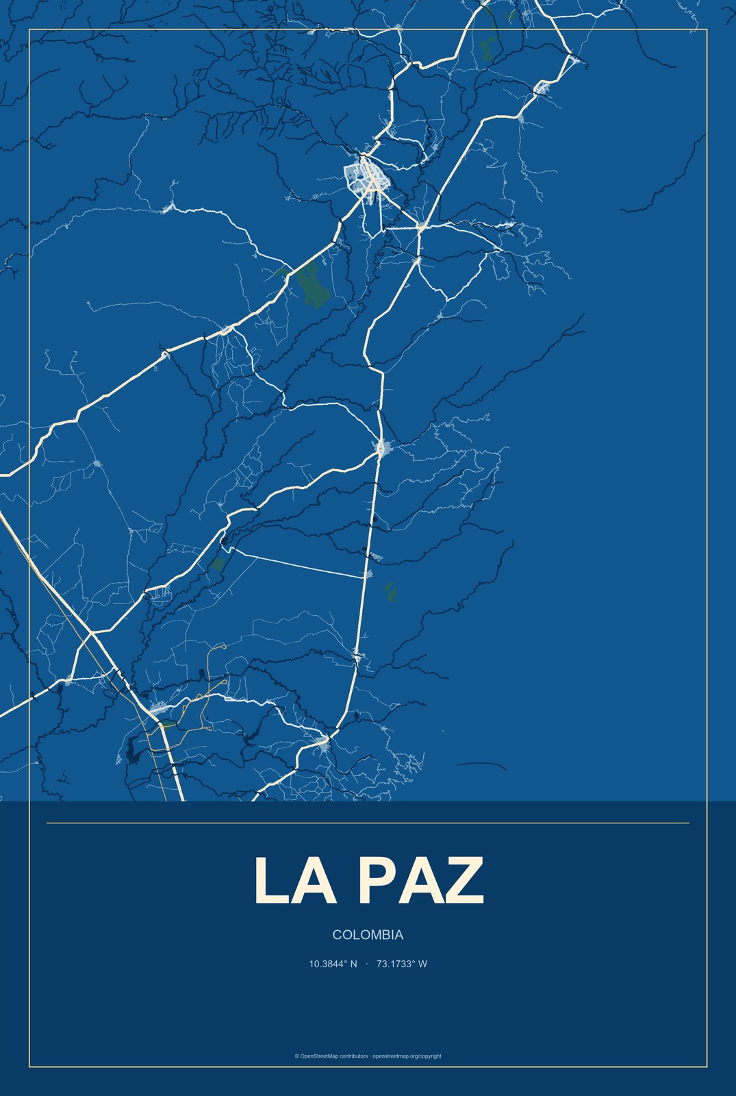 La Paz, Colombia City Map Aluminum Sign in Harbor Cobalt style