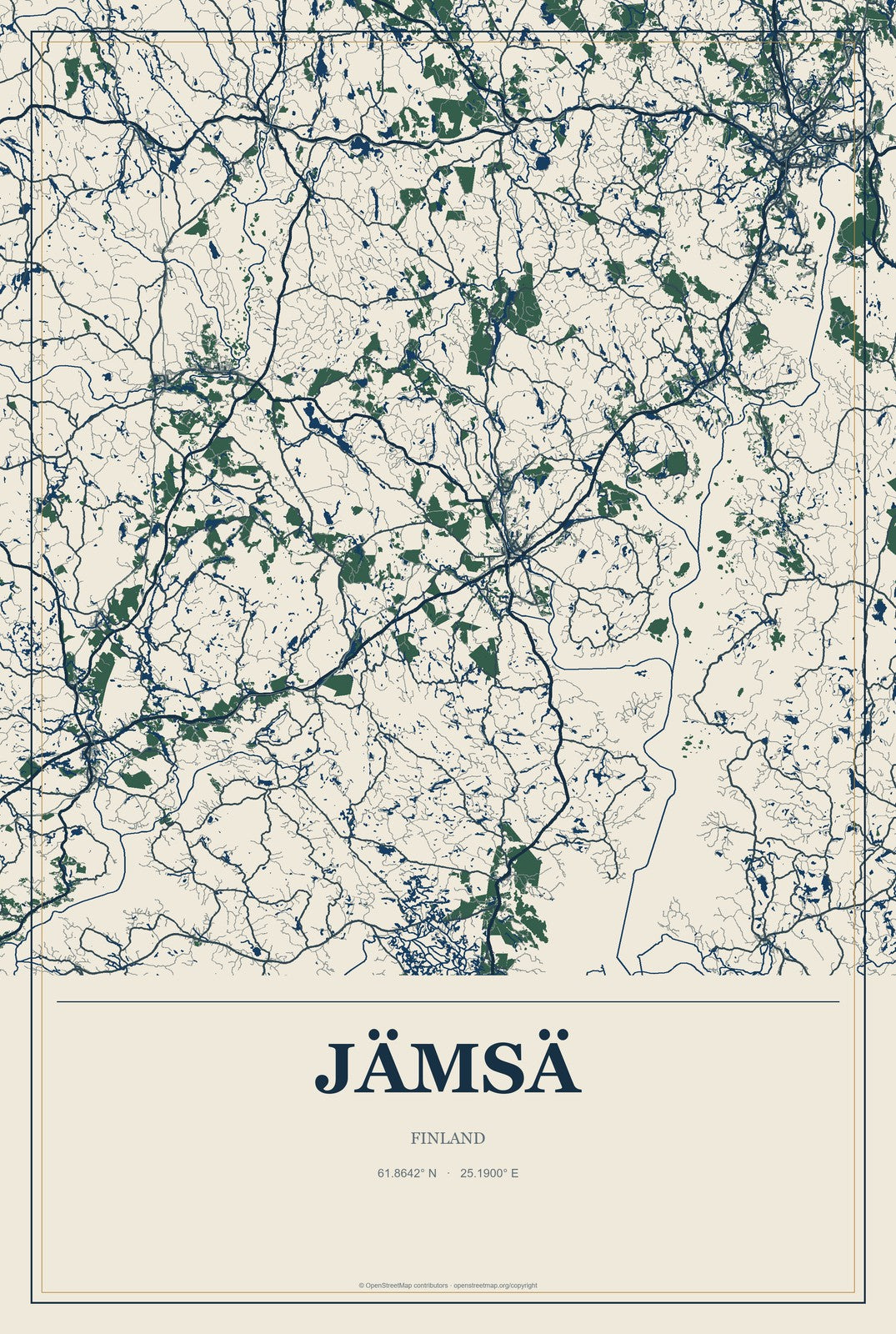Jämsä, Finland City Map Aluminum Sign in Coastal Cutout style