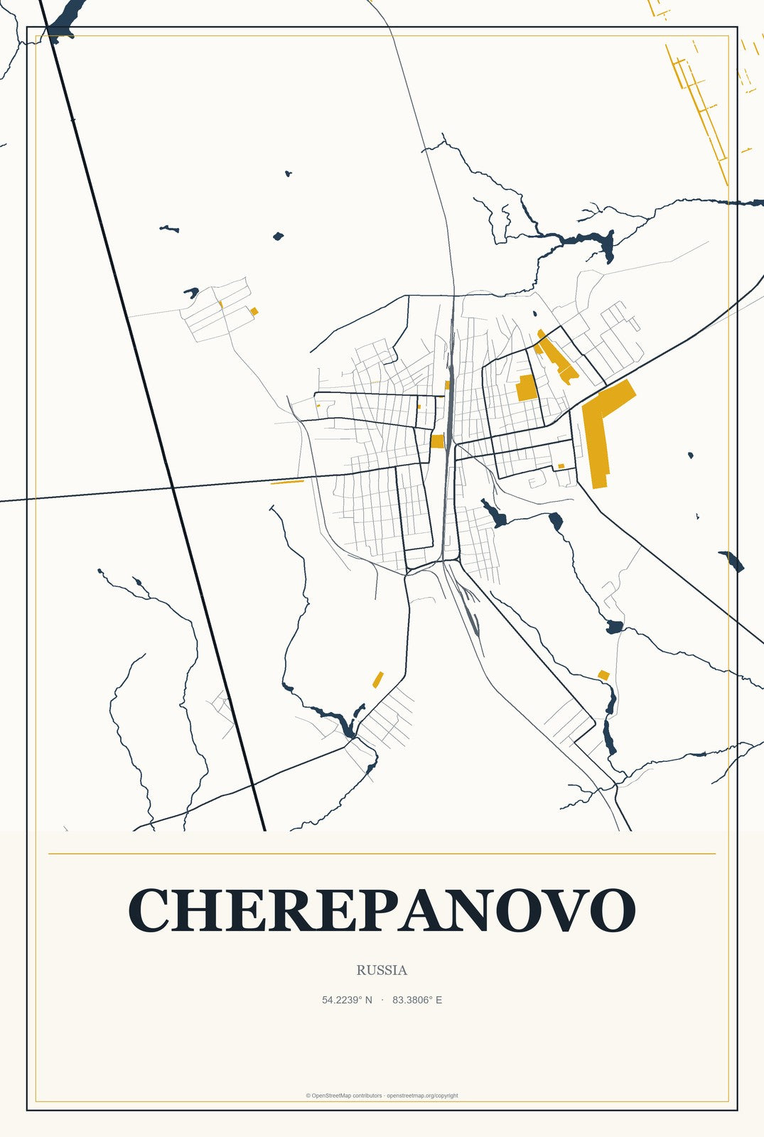 Cherepanovo, Russia City Map Aluminum Sign in Citrine Modern style