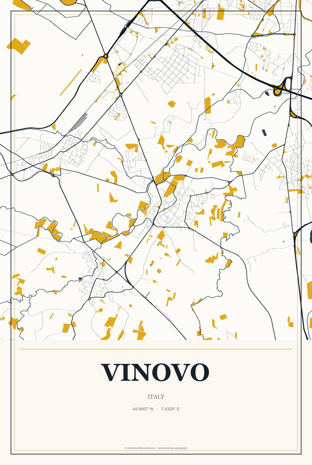 Vinovo, Italy City Map Aluminum Sign in Citrine Modern style