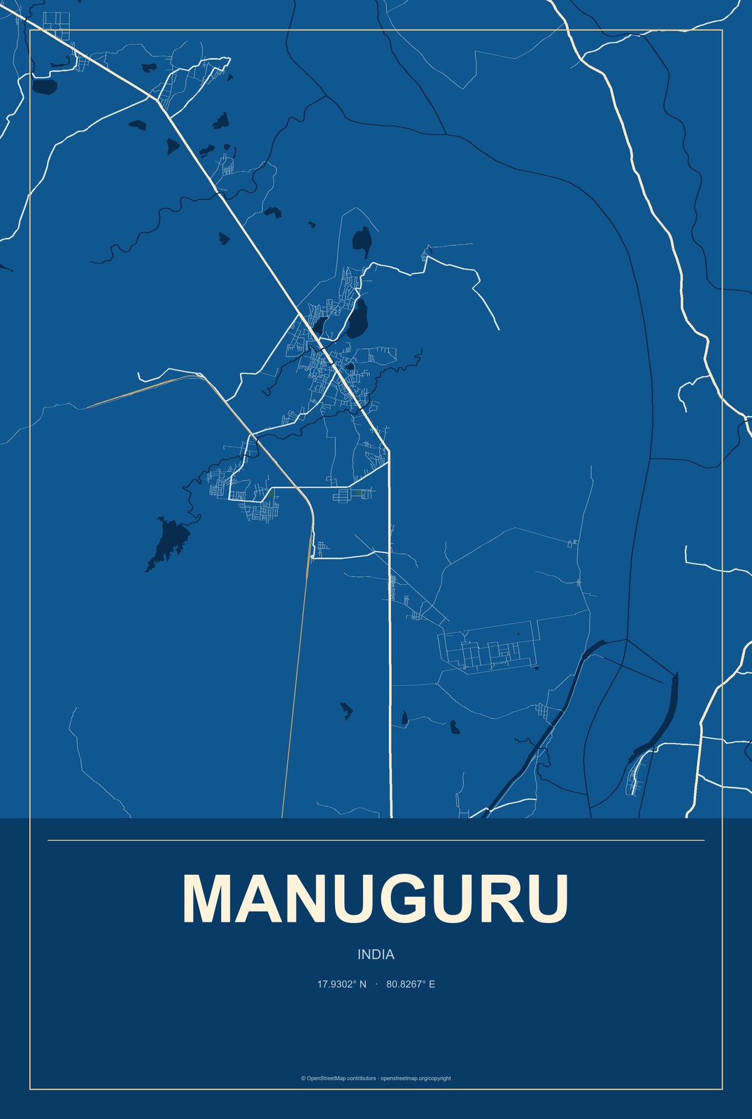 Manuguru, India City Map Aluminum Sign in Harbor Cobalt style