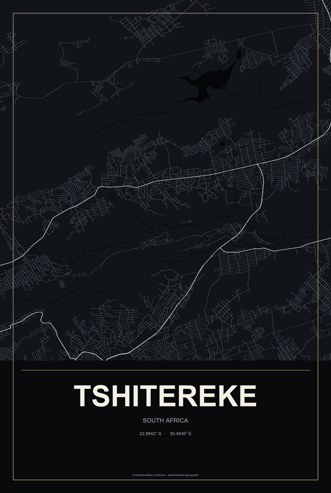 Tshitereke, South Africa City Map Aluminum Sign in Metropolitan Noir style
