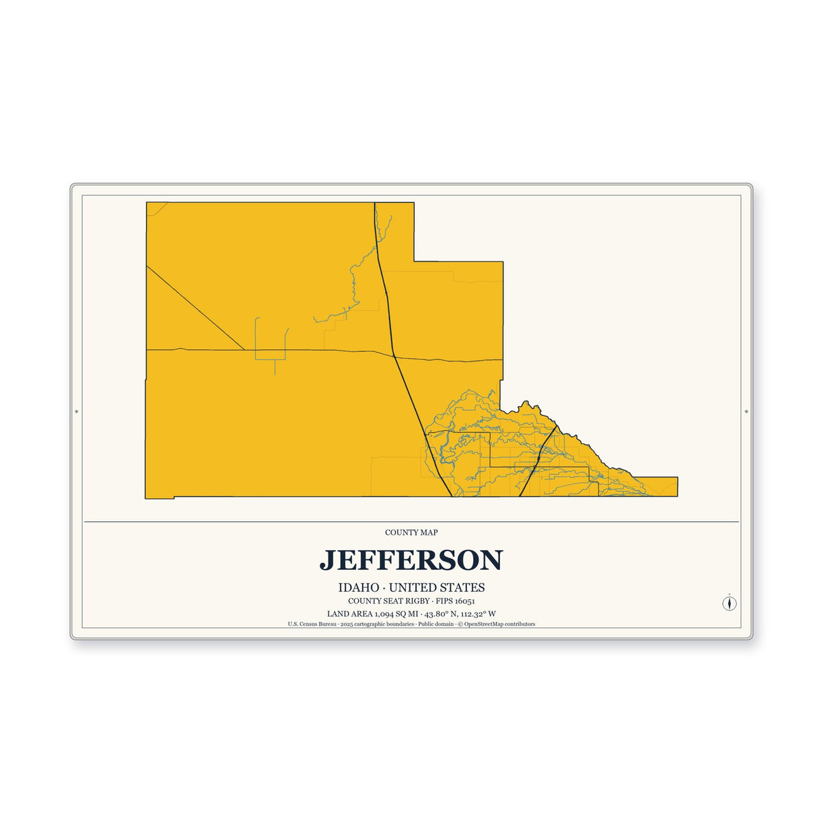 Jefferson County, Idaho Map Aluminum Sign in Citrine Modern style