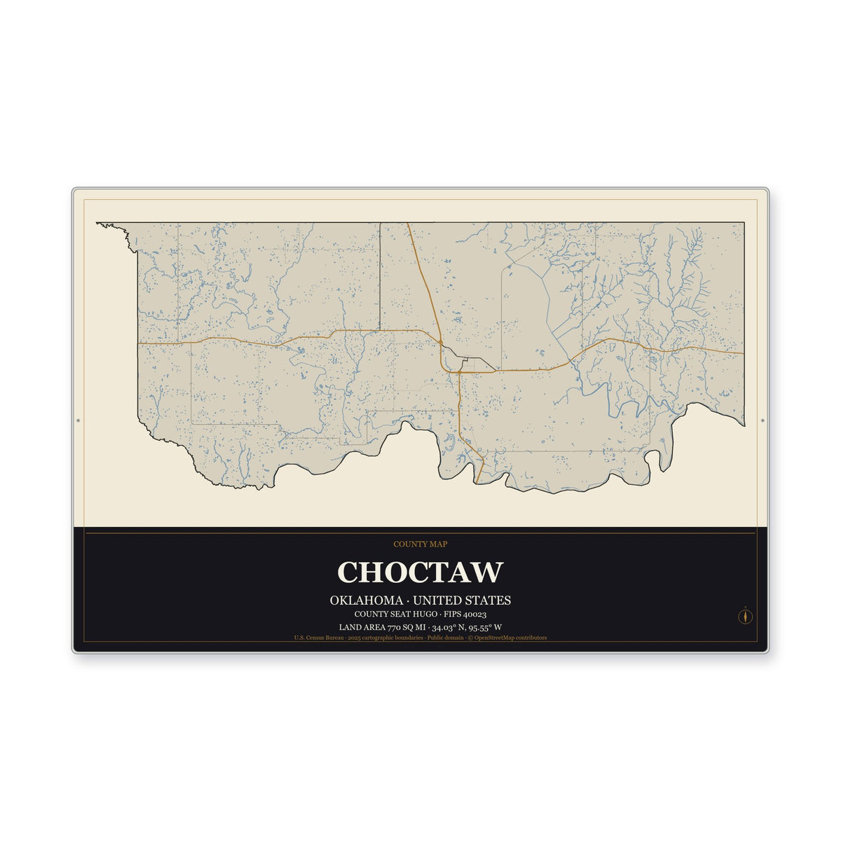 Choctaw County, Oklahoma Map Aluminum Sign in Museum Plaque style