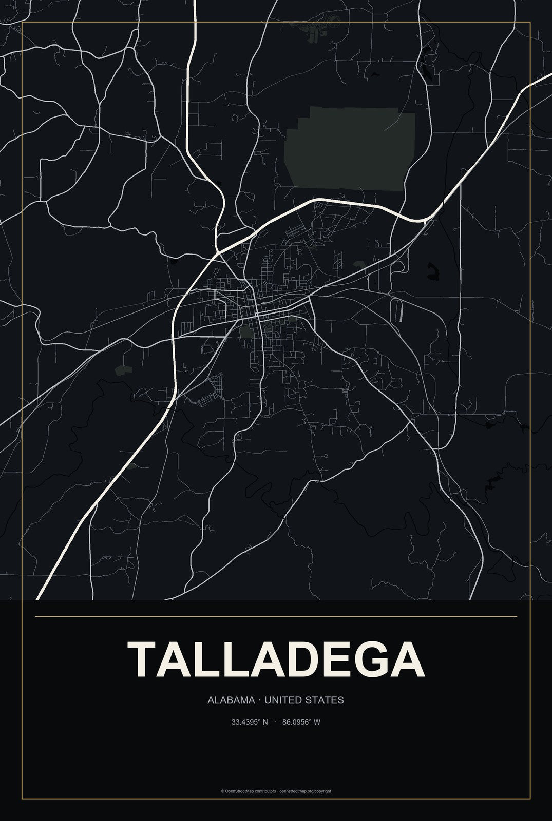 Talladega, Alabama City Map Aluminum Sign in Metropolitan Noir style