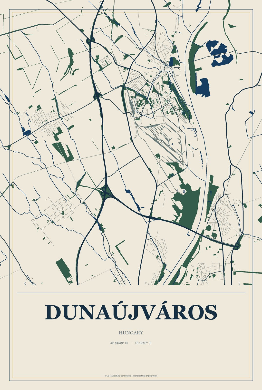 Dunaújváros, Hungary City Map Aluminum Sign in Coastal Cutout style