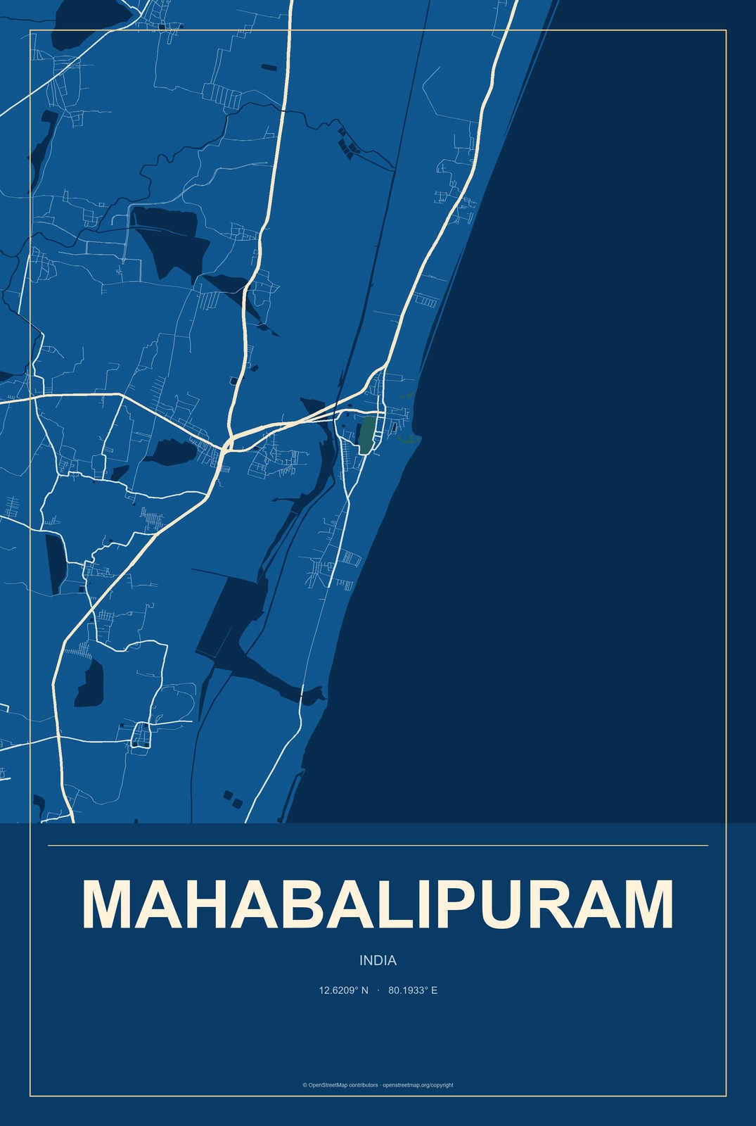 Mahabalipuram, India City Map Aluminum Sign in Harbor Cobalt style